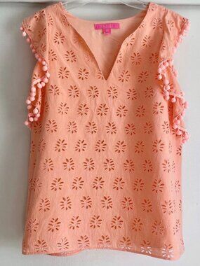 LADIES SIZE XL LILLY PULITZER ASTARA ORANGE EYELET LINED POM POM SHIRT BLOUSE